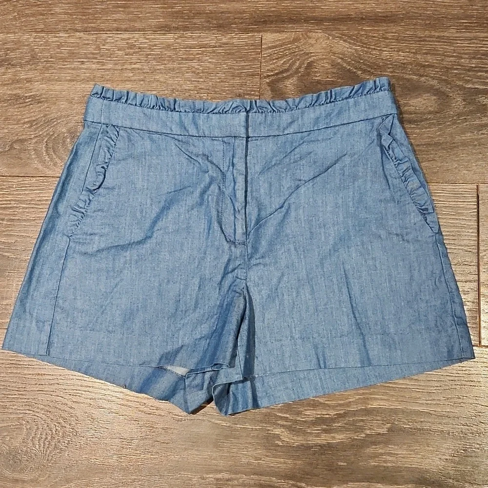 ❤️ J CREW CHAMBRAY RUFFLE TRIM SHORTS, HIGH RISE, 6 (28)